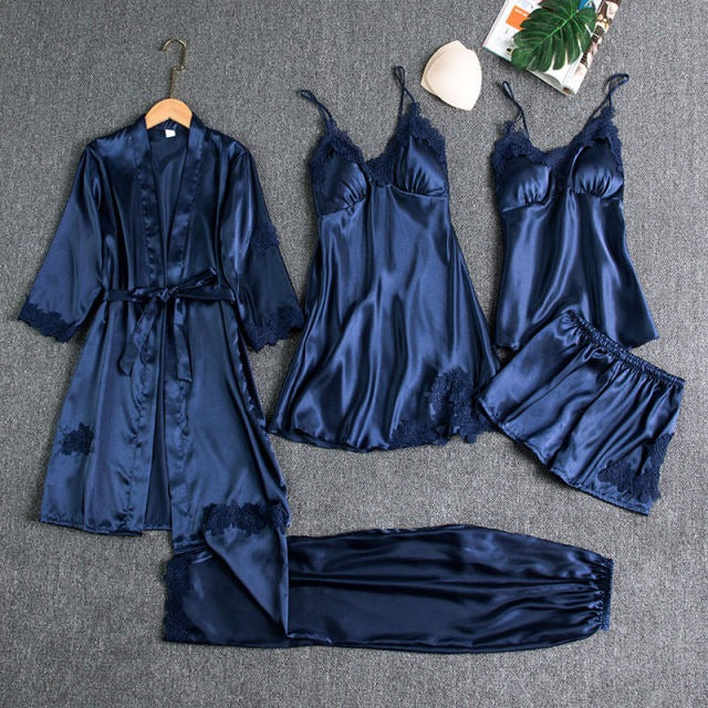 5 pcs Non Padded Pure Silk Pajama Set Cami Top Nightgown