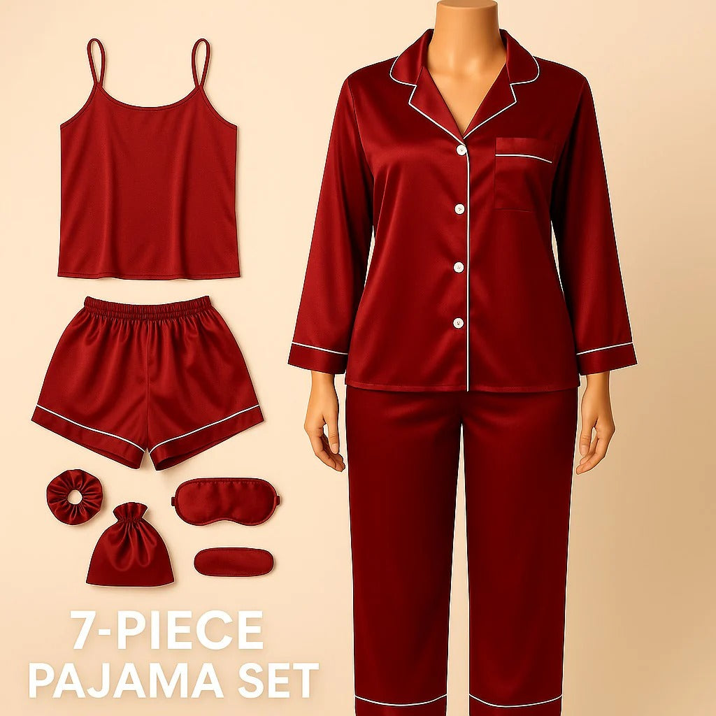 7 pcs Non Padded Silk Satin Pajama Set Cami Top Nightgown Sexy Sleepwear Robe Sets Lace Nightdress