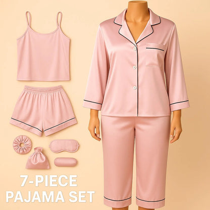 7 pcs Non Padded Silk Satin Pajama Set Cami Top Nightgown Sexy Sleepwear Robe Sets Lace Nightdress