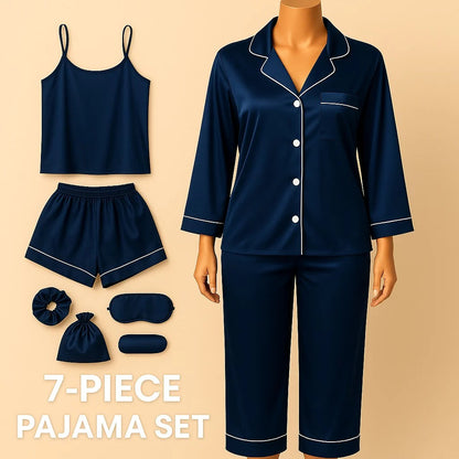 7 pcs Non Padded Silk Satin Pajama Set Cami Top Nightgown Sexy Sleepwear Robe Sets Lace Nightdress