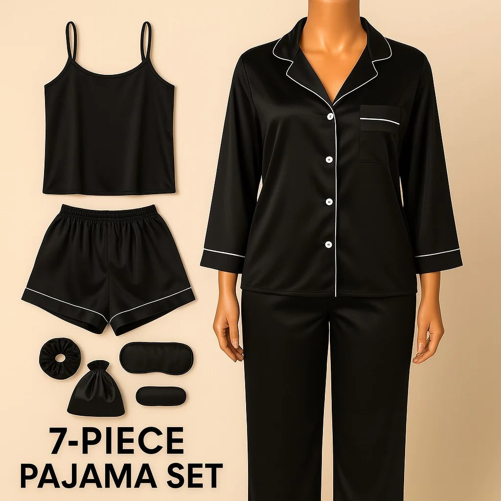 7 pcs Non Padded Silk Satin Pajama Set Cami Top Nightgown Sexy Sleepwear Robe Sets Lace Nightdress