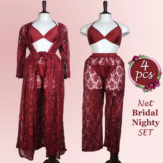 4 pcs High Qaulity Lace Net See Through Bridal Nighty Set