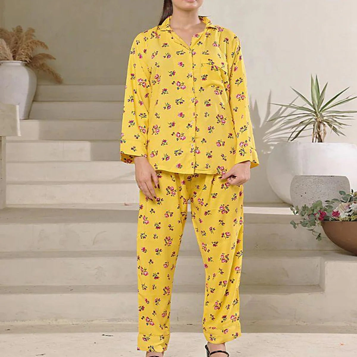 Summer Cooling Linen 2-Piece Pajama Set With Scrunchie