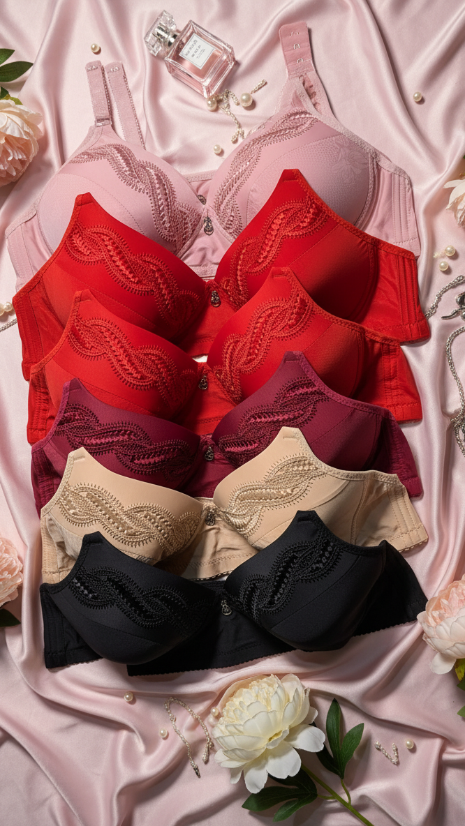 Set of black, beige, red, and pink bras on a pink fabric background with flowers and a perfume bottle.