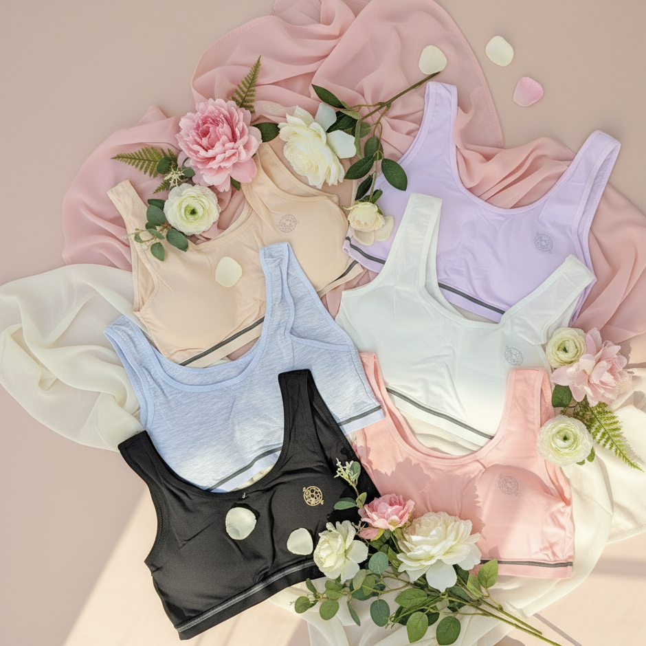 A collection of seamless padded bras in black, nude, lavender, and white for women in Pakistan.